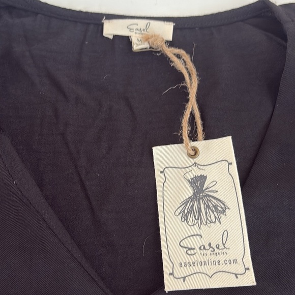 Easel black v-neck sheer shiny 3/4 sleeve mixed media rounded hem blouse shirt - Picture 11 of 16